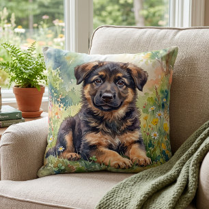Cojín Decorativo Cachorro de pastor alemán adorable en acuarela