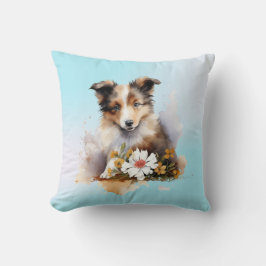 Cojín Decorativo Cachorro de perro pastor de Shetland Acuarela Flor