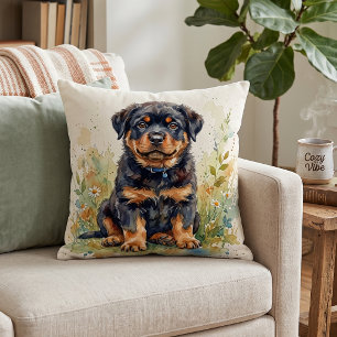 Cojín Decorativo Cachorro de Rottweiler Adorable Acuarela