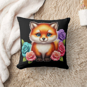 Cojín Decorativo Cachorro de zorro adorable con rosas coloridas del