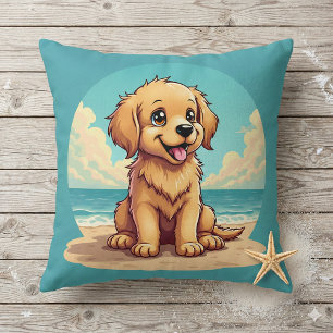 Cojín Decorativo Cachorro Dorado Adorable en una Escena de Playa So