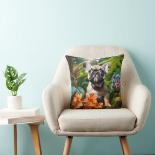Cojín Decorativo 😍Cachorro francés dulce en una selva