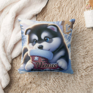Cojín Decorativo Cachorro jugando con una bota de invierno cubierta