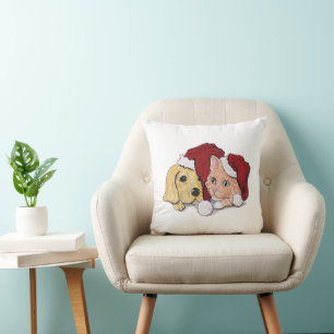 Cojín Decorativo Cachorro labrador de Navidad lindo y gato atigrado