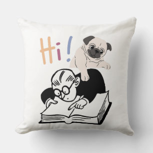 Cojín Decorativo Cachorro Pug Adorable y Hombre Leyendo Libro Hola