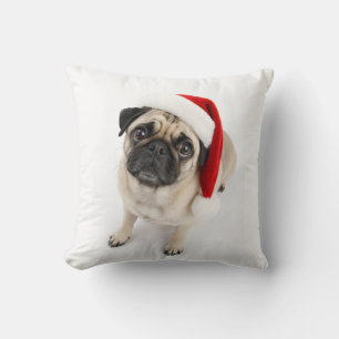 Cojín Decorativo Cachorro Pug Ciervo Navideño Gorro de Santa Ojos d