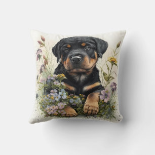 Cojín Decorativo Cachorro Rottweiler adorable de acuarela