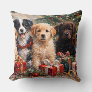 Cojín Decorativo Cachorros de Navidad con regalos bajo el árbol dec