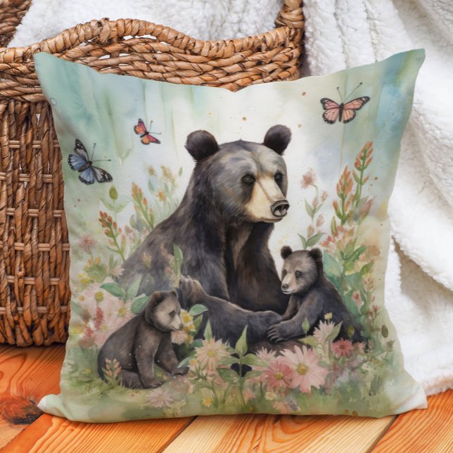 Cojín Decorativo Cachorros de Oso Madre Mariposas Flores Pintura (Bear family pillow)