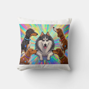 Cojín Decorativo Cachorros de perros con fondo de arcoíris