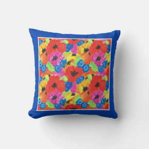 Cojín Decorativo Cachorros escarlata y flores azules brillantes