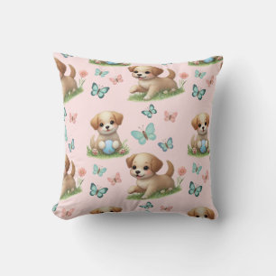 Cojín Decorativo Cachorros rosados y mariposas acuarela