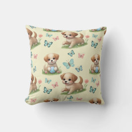 Cojín Decorativo Cachorros y Mariposas Acuarela Amarilla