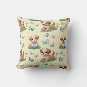 Cojín Decorativo Cachorros y Mariposas Acuarela Amarilla