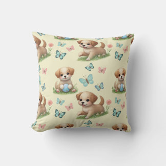 Cojín Decorativo Cachorros y Mariposas Acuarela Amarilla