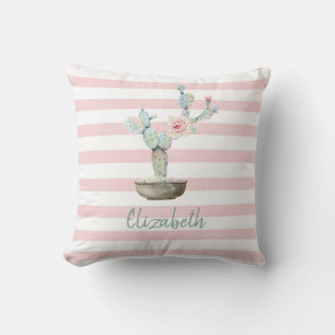 Cojín Decorativo Cactus Chic de Acuarela, Rayas Rosadas