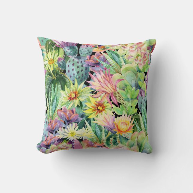 Cojín Decorativo Cactus floreciente, acuarela patrón sin fisuras. (Anverso)