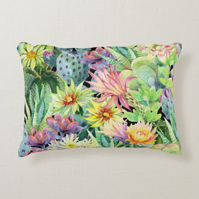 Cojín Decorativo Cactus floreciente, acuarela patrón sin fisuras. (Anverso)