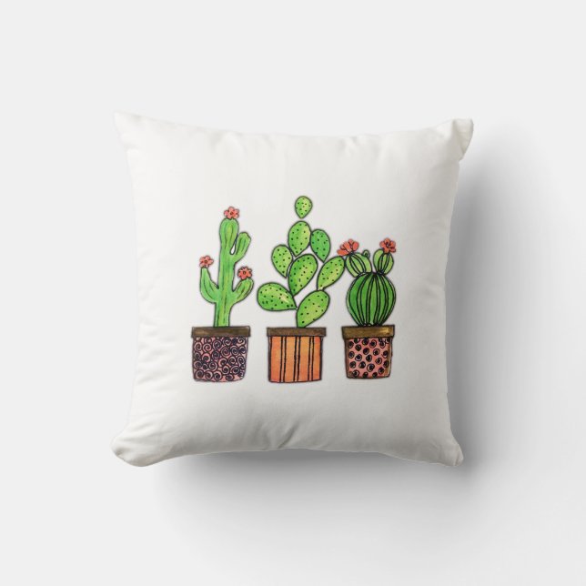 Cojín Decorativo Cactus lindo de la acuarela en potes (Anverso)