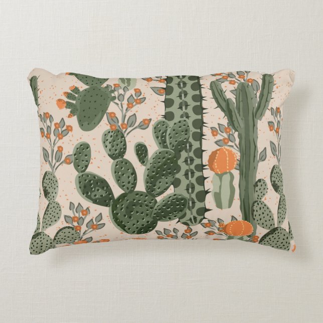 Cojín Decorativo Cactus suculentas verdes y flores naranjas  (Anverso)