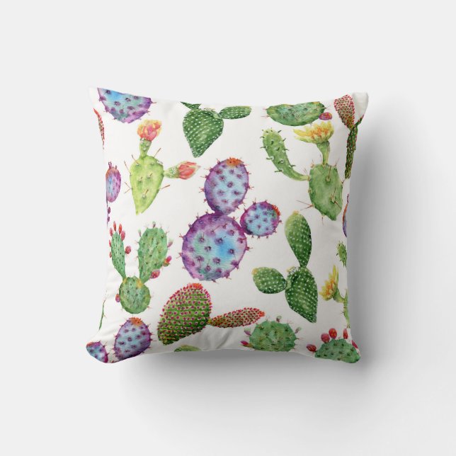 Cojín Decorativo Cactus Tropical: Patrón acuarela sin foco (Anverso)