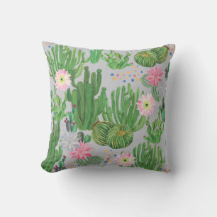 Cojín Decorativo Cactus y flores, pintura acuarela sin costura.