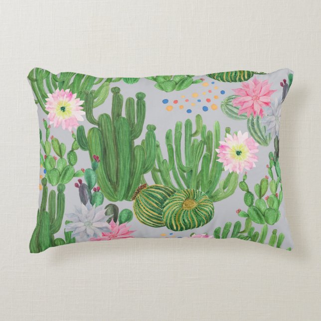 Cojín Decorativo Cactus y flores, pintura acuarela sin costura. (Anverso)