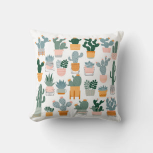 Cojín Decorativo Cactus y suculentos en macetas con fondo blanco.