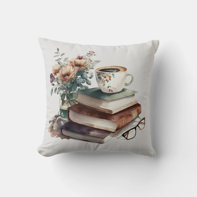 Cojín Decorativo Café Boho Floral Verde Marrón acuarela (Anverso)