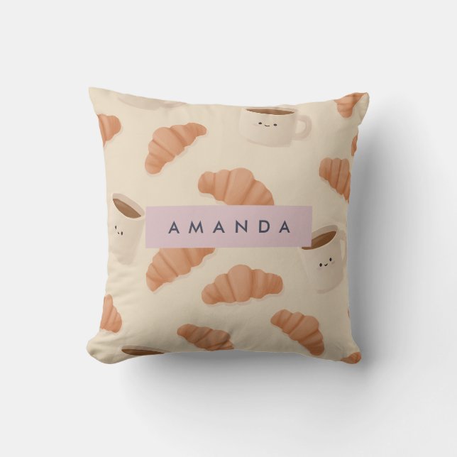 Cojín Decorativo Café croissant Cute Pastel personalizado (Anverso)