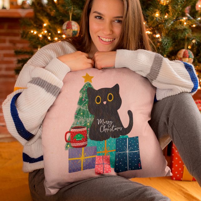 Cojín Decorativo Café de gato rosado lindo y festivo Feliz Navidad (Subido por el creador)