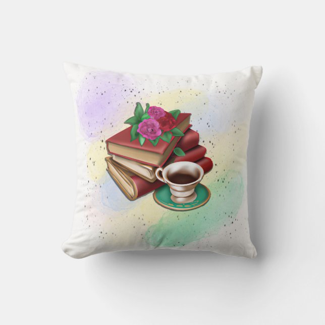 Cojín Decorativo Café y pila de libros (Anverso)