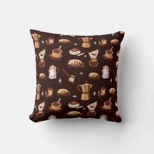 Cojín Decorativo Cafetera, Granos y Taza Dibujados a Mano