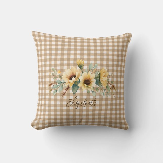 Cojín Decorativo Caída Rusa Sunflowers Brown Gingham Personalizada (Anverso)