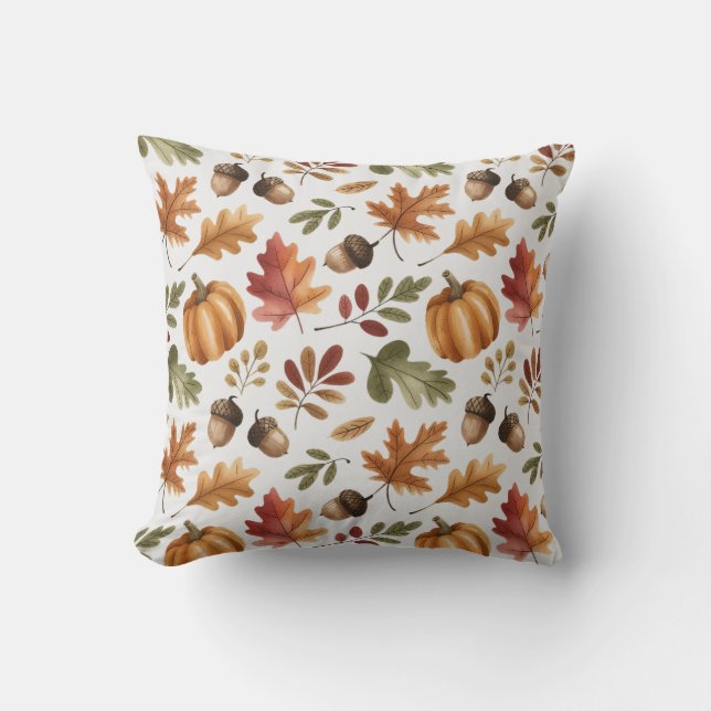 Cojín Decorativo Caída Tierra Naranja Acuarela Calabaza Hojas de ar (Anverso)