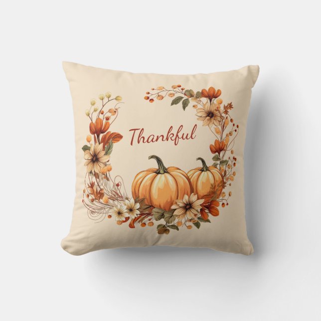 Cojín Decorativo Calabaza agradecida y flores de otoño (Anverso)