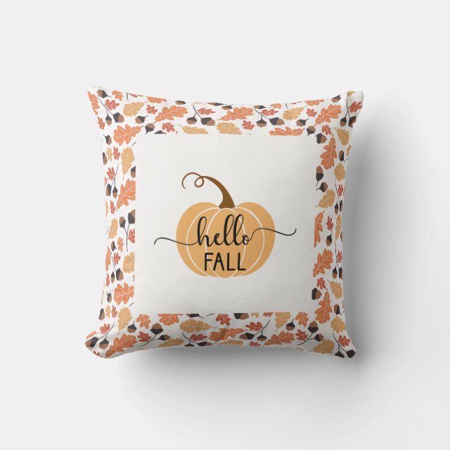 Cojín Decorativo Calabaza Boho Hello Fall con hojas de otoño (Anverso)