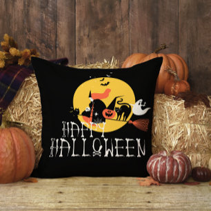 Cojín Decorativo Calabaza Bruja Negra Divertida Halloween Feliz