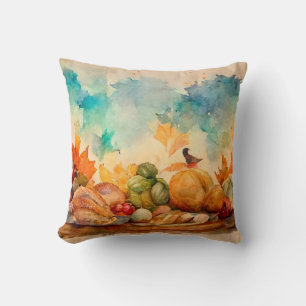 Cojín Decorativo Calabaza de Acuarela Naranja Granja Rústica Otoño