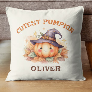 Cojín Decorativo Calabaza de bruja linda con hojas de otoño