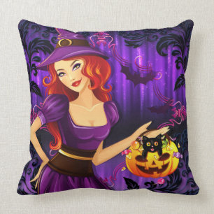 Cojín Decorativo Calabaza De Brujas De Noche De Halloween Y Gato Ne