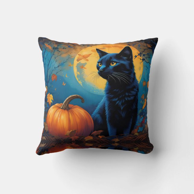 Cojín Decorativo Calabaza de gatito negro de hojas de otoño llenas  (Reverso)