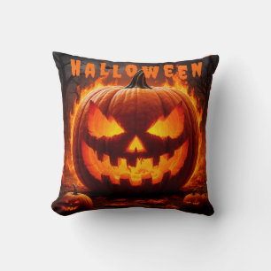 Cojín Decorativo Calabaza de Halloween espeluznante con llama