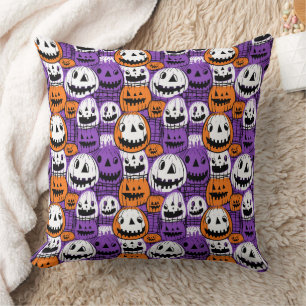Cojín Decorativo Calabaza de Halloween - Morado, Naranja, Blanco