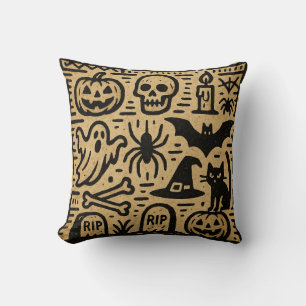 Cojín Decorativo Calabaza de jeroglífico antiguo lindo y murciélago