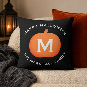 Cojín Decorativo Calabaza de Monograma Naranja y Negro Halloween