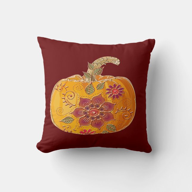 Cojín Decorativo Calabaza de otoño con flores (Anverso)