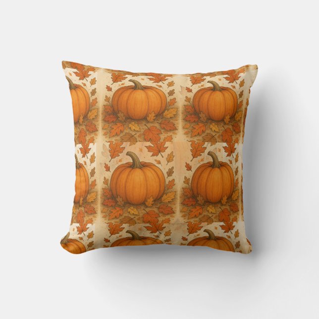 Cojín Decorativo Calabaza de Otoño Dorada y hojas de caída (Anverso)