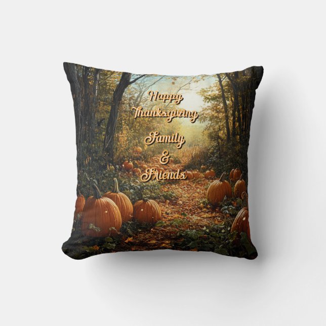 Cojín Decorativo Calabaza "Feliz Día de Acción de Gracias a familia (Anverso)