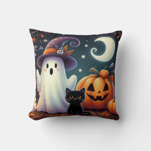 Cojín Decorativo Calabaza, gato y fantasma de Halloween.